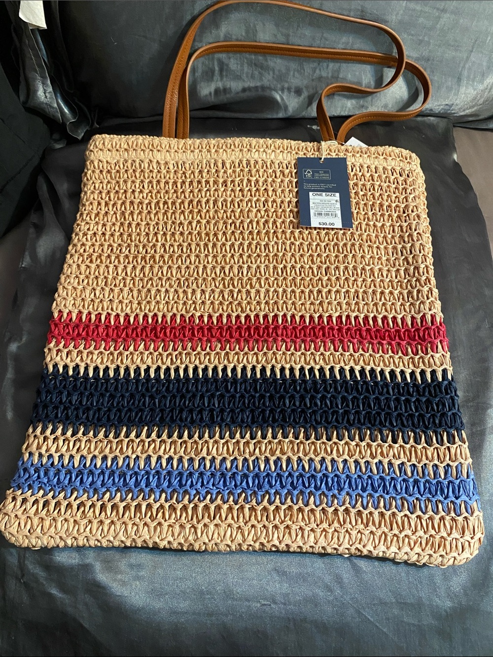 Universal Thread Tan Straw Tote with Red, Navy and Light Blue Stripes
